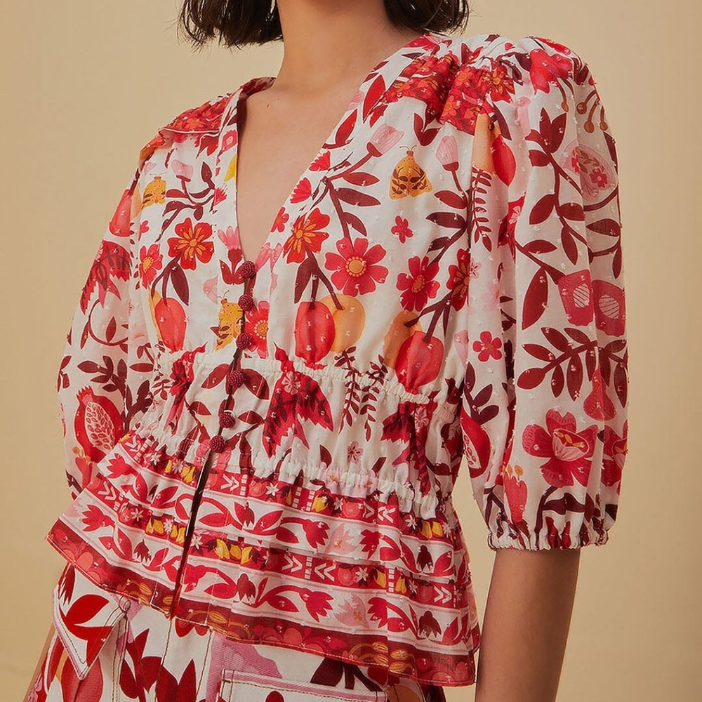 Farm Rio Off-White Romantic Orchard Crop Blouse